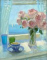 Roses in a sunny window closeup details