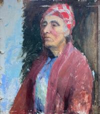 Mudhead-Older Woman with Red Checkered Scarf Hat