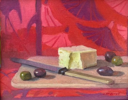Cheese and Olive on Red closeup details